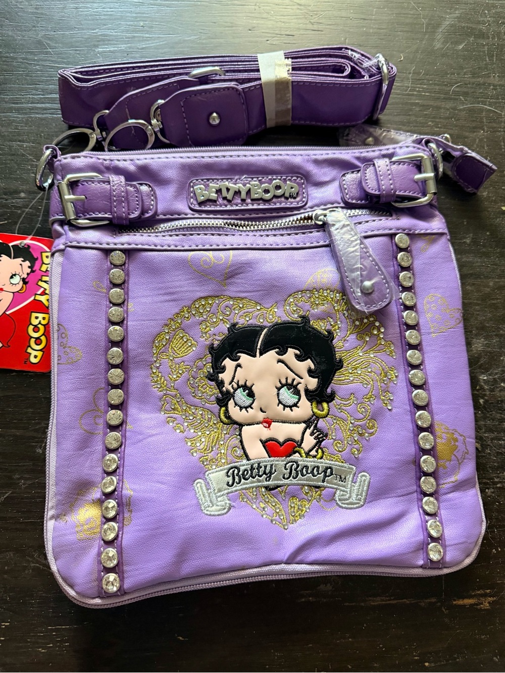 Betty Boop Purple Rhinestones Crossbody Bag Y2K new 11”x10”